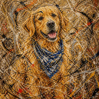 portrait of a golden retriever wearing a blue bandana, warm plain backdrop, no text