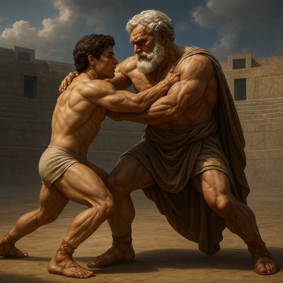 a painting of two men fighting each other