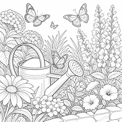 a garden scene with butterflies, flowers and a watering can, clean uncolored line art, no text