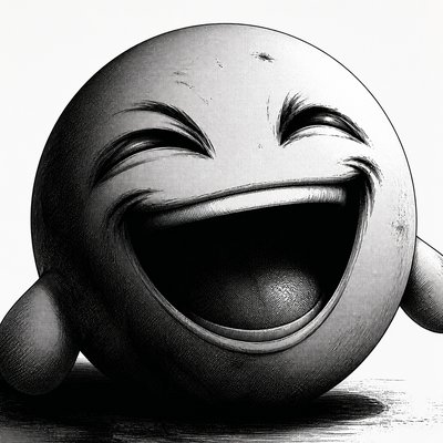 an exaggerated laughing face of an original round mascot character, bold and readable at small size, plain background, no text