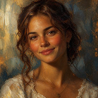 head-and-shoulders portrait of an original character: a young woman with wavy chestnut hair and a warm smile, plain soft backdrop