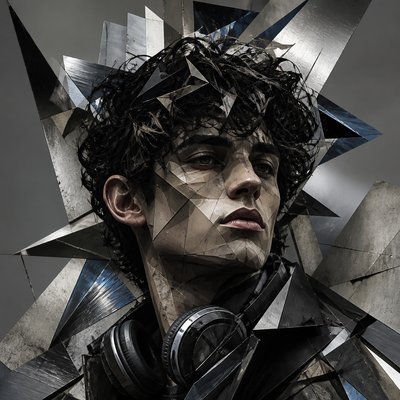head-and-shoulders portrait of an original character: a young man with curly dark hair and headphones around his neck, plain backdrop, no text