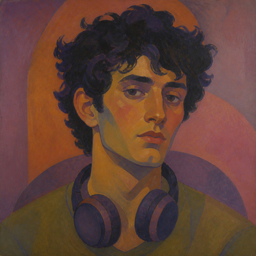 head-and-shoulders portrait of an original character: a young man with curly dark hair and headphones around his neck, plain backdrop, no text