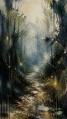 a mysterious forest path with fireflies and drifting mist, atmospheric vertical composition with open space at the top, no text