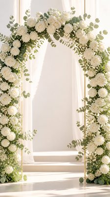 an arch of white roses and eucalyptus in soft morning light, elegant vertical composition with open space, no text