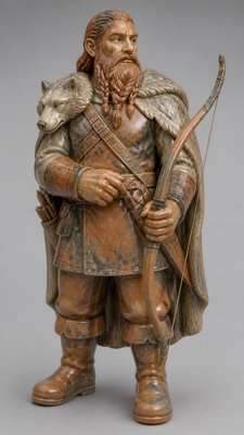full-body original character: a dwarven ranger with a braided auburn beard, worn leather armor, a longbow and a wolf-pelt cloak, neutral background, no text