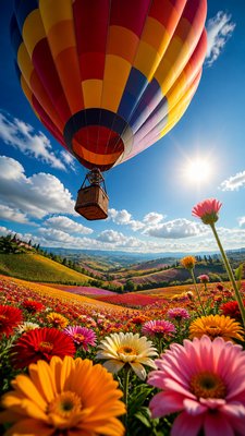 a hot air balloon drifting over rolling flower fields on a sunny day, cheerful, no text