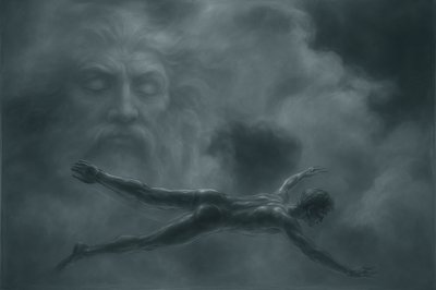 a painting of a man floating in the air