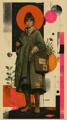 full-body original character: a wandering botanist with a satchel of plants, a patched green cloak, tall boots and round glasses, neutral background