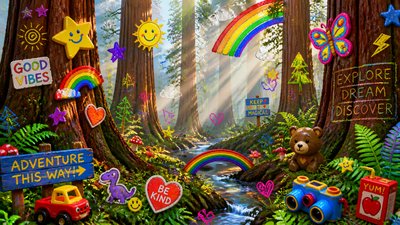 a panoramic redwood forest with light rays through mist, no people
