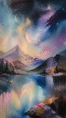 a tranquil mountain lake beneath a starry night sky, no people, no text