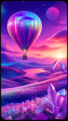 a hot air balloon drifting over rolling flower fields on a sunny day, cheerful, no text
