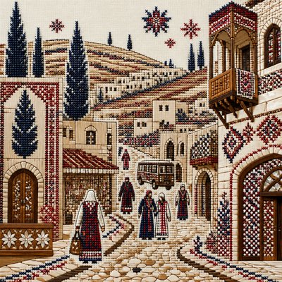 urban street with city activity — Palestinian Art Style