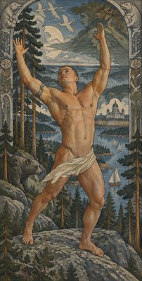 a painting of a man standing on top of a mountain