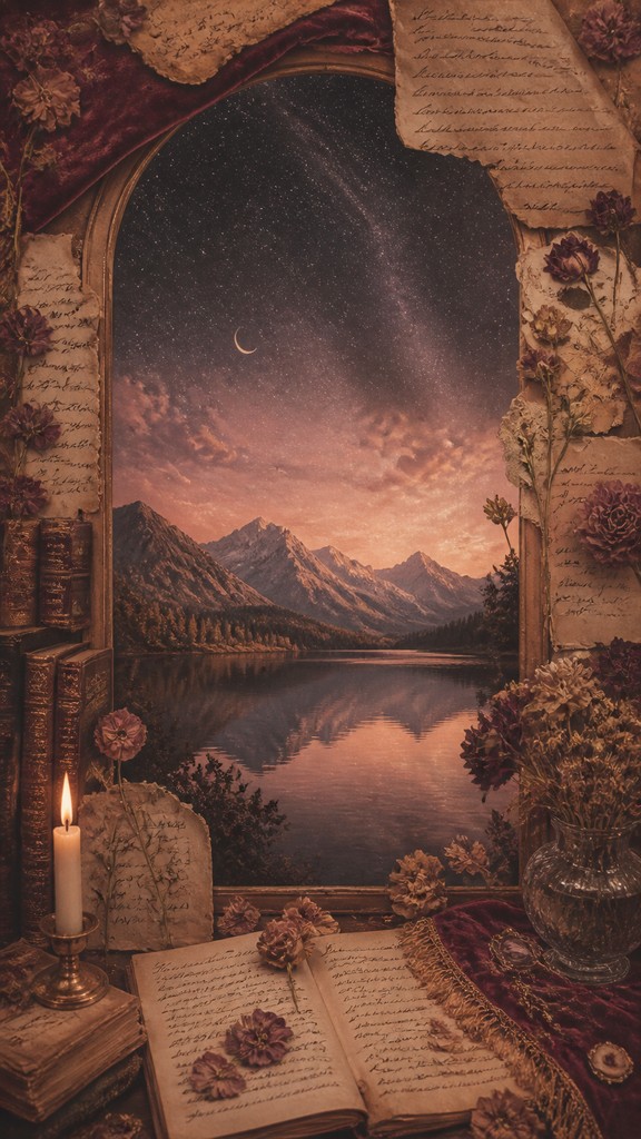a tranquil mountain lake beneath a starry night sky, no people, no text