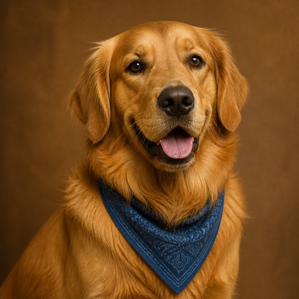 portrait of a golden retriever wearing a blue bandana, warm plain backdrop, no text