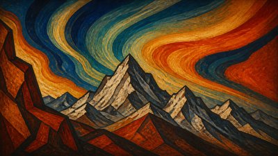 a flowing aurora over snowy peaks, wide sweeping composition, no people, no text