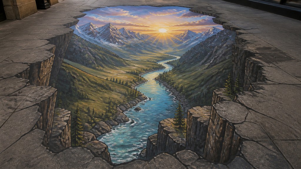 a vast valley with a river winding toward distant mountains at sunrise, no people, no text