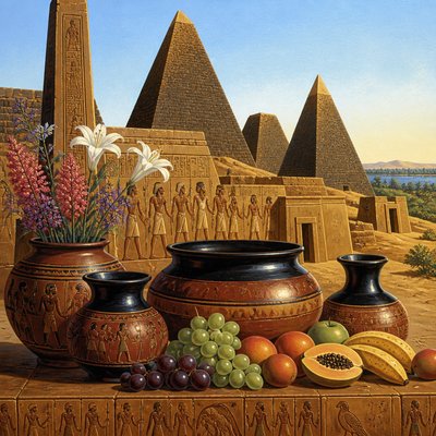 still life arrangement of fruits and flowers