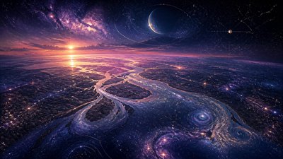 a wide river delta seen from above at sunset, no people