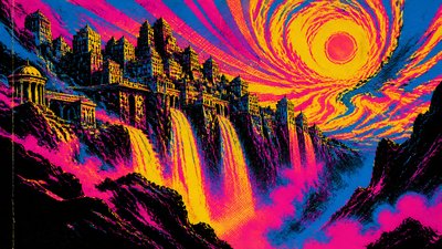 a cliffside city with waterfalls cascading into a misty canyon, wide establishing shot, no people, no text