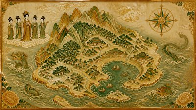 a map of an island realm with mountains, forests, a sheltered bay, sea monsters in the water and a compass rose, no text labels