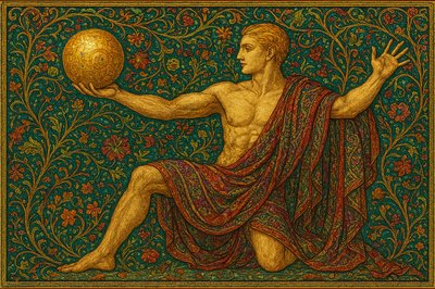 a painting of a man holding a golden ball