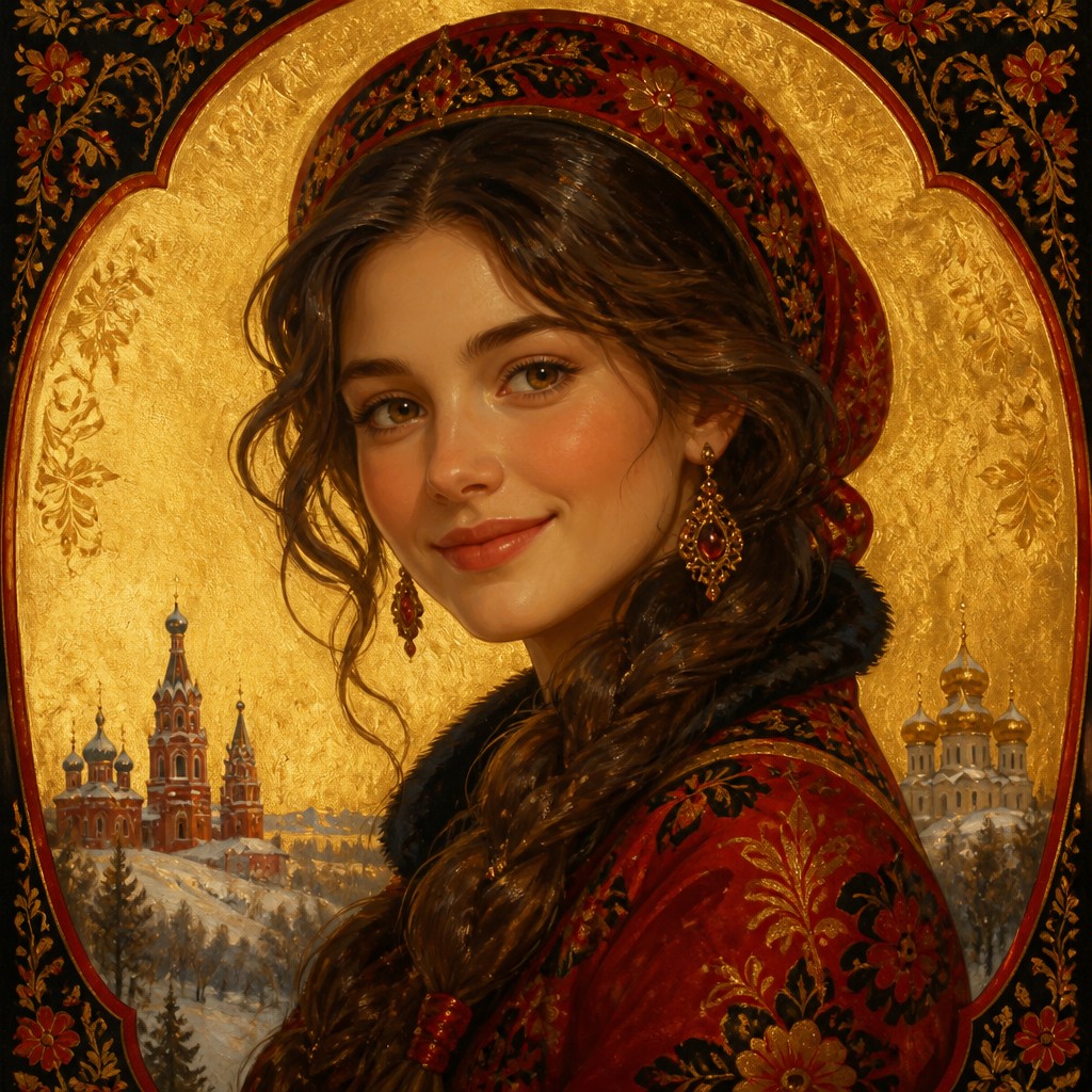 head-and-shoulders portrait of an original character: a young woman with wavy chestnut hair and a warm smile, plain soft backdrop