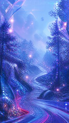 a mysterious forest path with fireflies and drifting mist, atmospheric vertical composition with open space at the top, no text