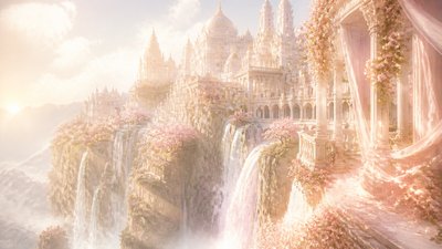 a cliffside city with waterfalls cascading into a misty canyon, wide establishing shot, no people, no text