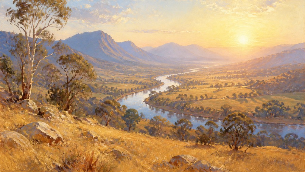a vast valley with a river winding toward distant mountains at sunrise, no people, no text
