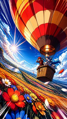a hot air balloon drifting over rolling flower fields on a sunny day, cheerful, no text
