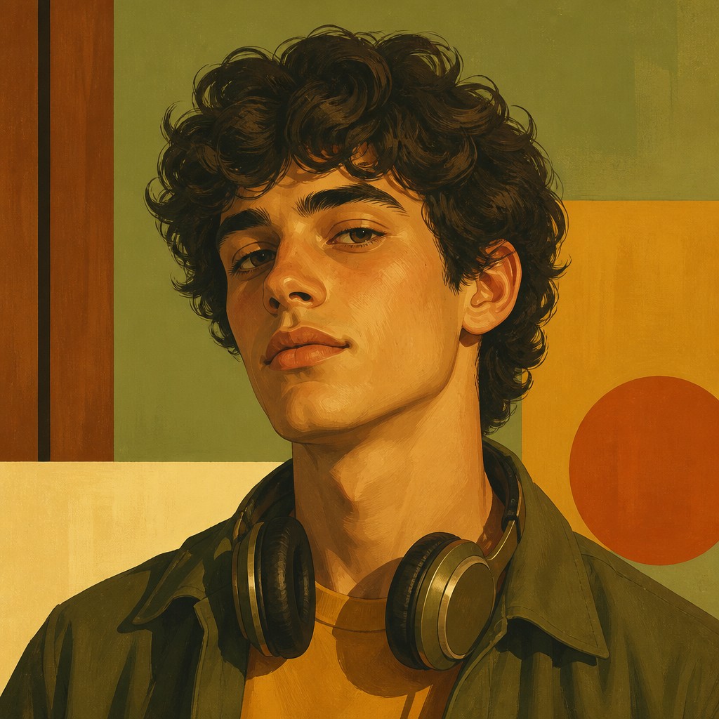 head-and-shoulders portrait of an original character: a young man with curly dark hair and headphones around his neck, plain backdrop, no text