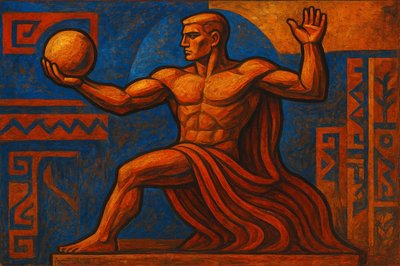 a painting of a man holding a ball