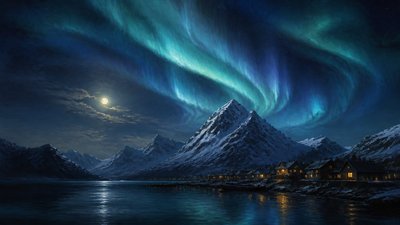 a flowing aurora over snowy peaks, wide sweeping composition, no people, no text