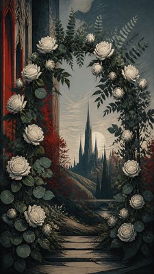 an arch of white roses and eucalyptus in soft morning light, elegant vertical composition with open space, no text
