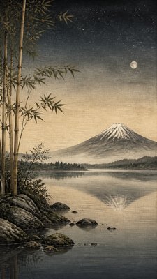 a tranquil mountain lake beneath a starry night sky, no people, no text