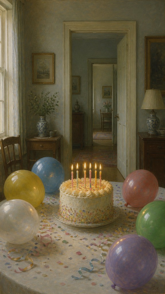 a birthday cake with lit candles surrounded by balloons and confetti, festive vertical composition, no text