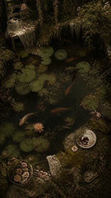 a koi pond with lily pads seen from above, no people