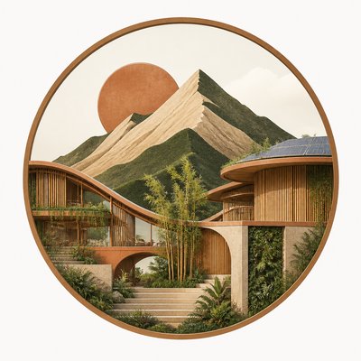 an emblem of a mountain peak inside a circle, simple bold shapes on a plain background, no text or lettering