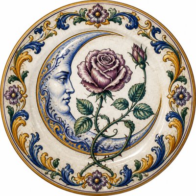 a rose entwined with a crescent moon, clean balanced composition on a plain background, no text