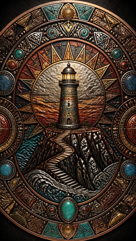 a lone lighthouse on a cliff at dusk under a dramatic sky, no text or lettering