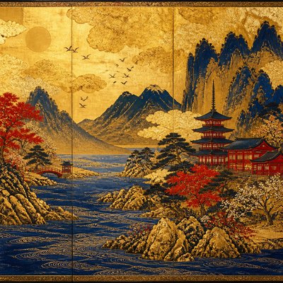 wide landscape with natural scenery — Gold Leaf Gilding Art Style