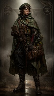 full-body original character: a wandering botanist with a satchel of plants, a patched green cloak, tall boots and round glasses, neutral background
