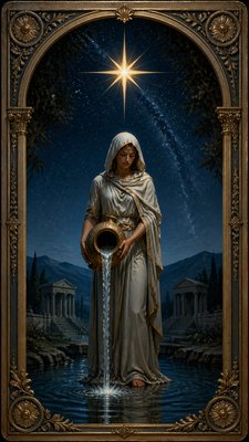 a robed figure pouring water beneath a large eight-pointed star in a night sky, symmetrical composition with an ornate decorative border, no text