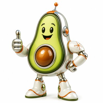 a happy avocado character giving a thumbs up, bold readable design on a plain background, no text