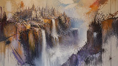 a cliffside city with waterfalls cascading into a misty canyon, wide establishing shot, no people, no text