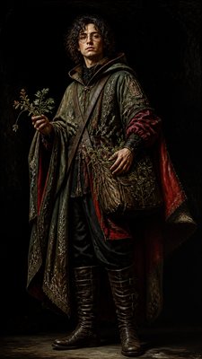 full-body original character: a wandering botanist with a satchel of plants, a patched green cloak, tall boots and round glasses, neutral background