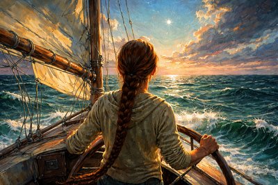A woman with long braided hair down to the waist is holding the rudder of a keel boat right at the time between day and night. She is looking towards the sail and to The morning star.. This is A first-person or over-the-shoulder perspective from behind a woman with a long red braid steering a keelboat, looking past the sails and rigging to the bright morning star. 