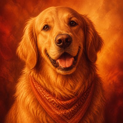 portrait of a golden retriever wearing a blue bandana, warm plain backdrop, no text